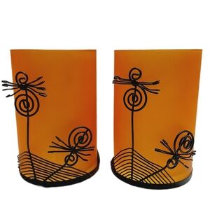 🍒 Halloween Tall Glass & Metal Tealight / Candle Holder Orange Black Home Decor